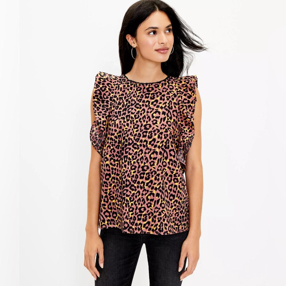 NWT Loft Print Cutout Back Ruffle Shell Pink Leopard Size Small
